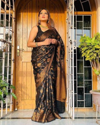 SWAMI STUDIO Floral Print Banarasi Jacquard Saree(Black)