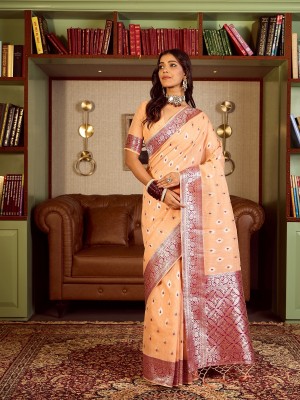 Tasrika Woven, Self Design Banarasi Linen, Pure Cotton Saree(Pink)