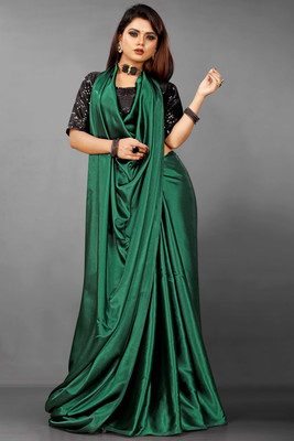 Rashiklal & Co. Solid/Plain Bollywood Crepe, Satin Saree(Dark Green)