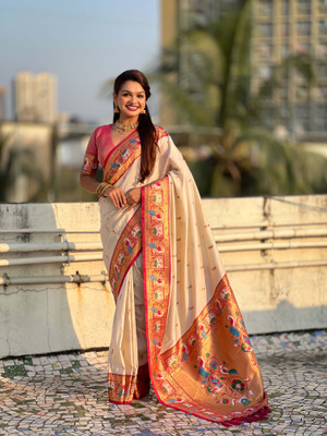 all about you Woven Paithani Silk Blend Saree(Cream)