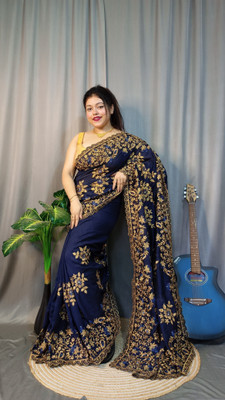 Dona Sharee Embroidered Bollywood Silk Blend Saree(Dark Blue)