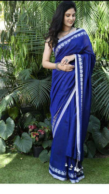 WeaveAura Solid/Plain Handloom Pure Cotton Saree(Blue)