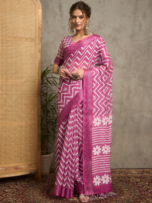 ANOUK Printed Hand Batik Linen Saree(Pink)