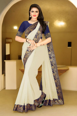 Volmina Solid/Plain Chanderi Cotton Blend Saree(Cream)