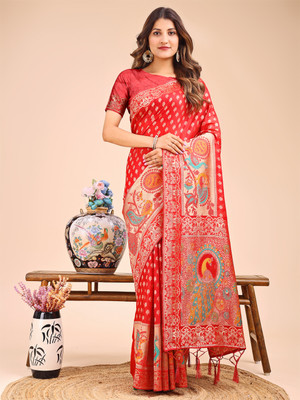 Divastri Woven Banarasi Cotton Linen Saree(Red)