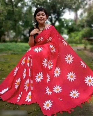 HouseOfCommon Printed Handloom Cotton Blend Saree(Red)