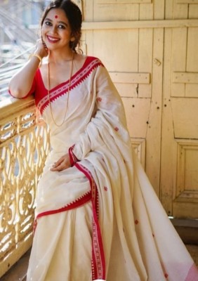 Ruuprekha Embellished Handloom Cotton Blend Saree(White, Red)
