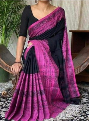 SSP Floral Print Handloom Cotton Blend Saree(Black)