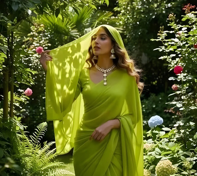 Queenchoice Solid/Plain Bollywood Chiffon Saree(Light Green)