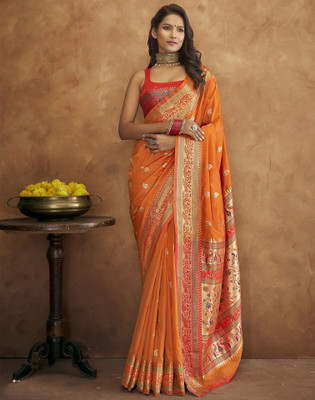 Satrani Woven, Embellished Paithani Silk Blend Saree(Orange, Multicolor)