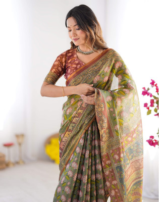 Satrani Floral Print, Woven, Embellished Kalamkari Linen Saree(Green)