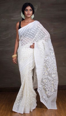 Fagunbou soft dhakai Embroidered Jamdani Cotton Silk Saree(White)