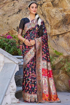 NEZAA EXPORT Woven Kanjivaram Pure Cotton Saree(Black)