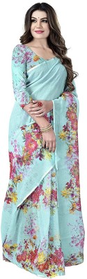 RUDRA ONLINE Printed Daily Wear Linen Saree(Blue)