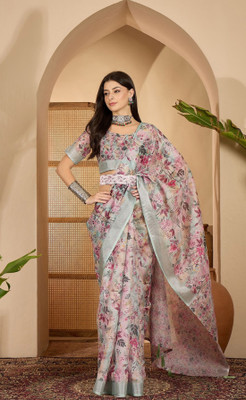 Jinal & Jinal Printed Daily Wear Linen Saree(Light Green)