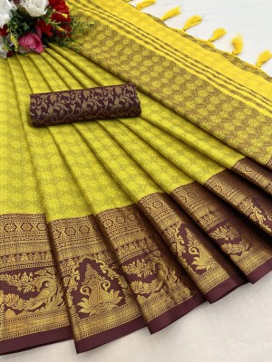 Fstore24x7 Woven Kanjivaram Jacquard Saree(Yellow)