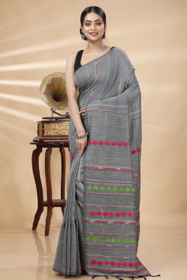 PuJoy Self Design Handloom Pure Cotton Saree(Grey)