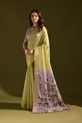 PeachPetals Printed, Floral Print Banarasi Cotton Blend Saree(Light Green, Purple)