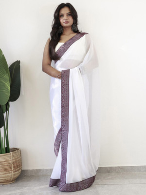 Anouk Rustic Solid/Plain Pre Draped Saree Georgette Saree(White)