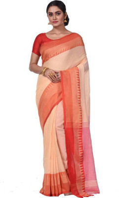SLAGHA Self Design Handloom Cotton Blend Saree(Red, Beige)