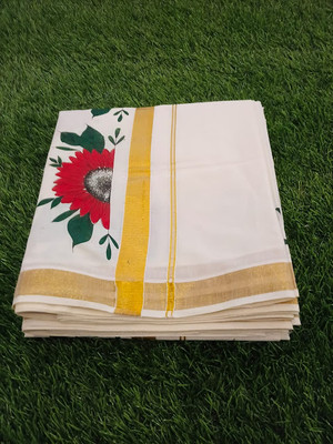 Kuthampully Printed Mundum Neriyathum Pure Cotton Saree(White)