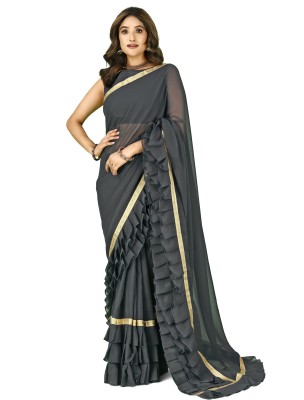 SAREEFLAME Self Design, Striped, Solid/Plain, Floral Print, Embellished, Temple Border Bollywood Georgette, Satin Saree(Grey)