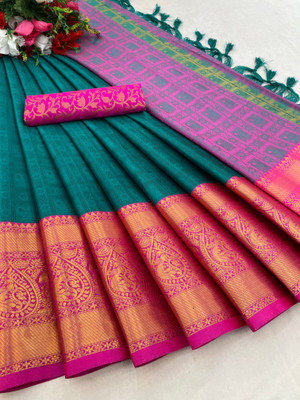KanjiQueen Woven Kanjivaram Cotton Silk, Silk Blend Saree(Light Green, Pink)