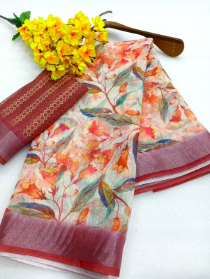 PRTRENDZ Printed Kanjivaram Linen, Cotton Linen Saree(Multicolor)
