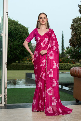 FABMORA Floral Print Bollywood Silk Blend Saree(Pink)