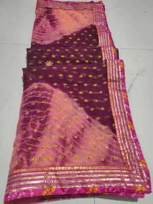 KAKADIYA CREATION Printed, Digital Print, Color Block, Geometric Print, Woven Bandhani Chiffon Saree(Green)