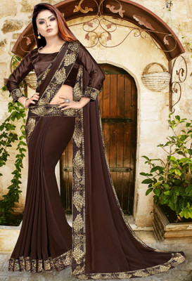 Anugrah Textile Solid/Plain Banarasi Lycra Blend, Chiffon Saree(Brown)