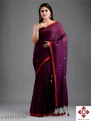 SMRITI HANDLOOM Solid/Plain Handloom Cotton Blend Saree(Maroon)