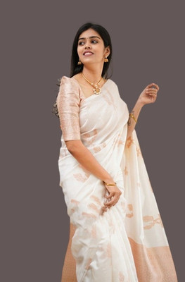 PRANJAL ART Self Design, Temple Border, Blocked Printed, Woven, Applique, Floral Print, Checkered Chanderi Jacquard, Art Silk Saree(Light Blue)