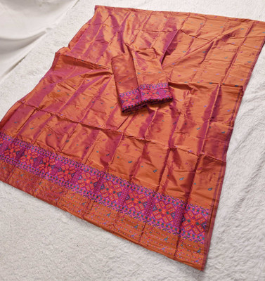 Skiran's Color Block Mekhela Chador Polyester Saree(Pack of 3, Orange)