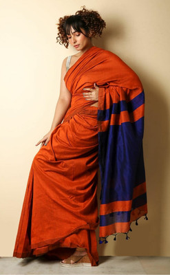 Kumaresh Creation Color Block Daily Wear Cotton Silk Saree(Blue, Orange)