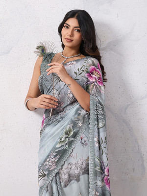 Tasrika Embellished, Floral Print Bollywood Georgette Saree(Green)