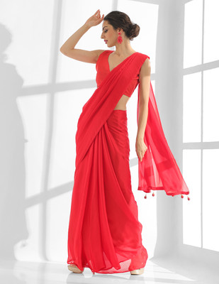 Kalista Solid/Plain, Dyed, Embellished Bollywood Chiffon Saree(Red)