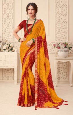 JustEthnic Printed Bandhani Chiffon Saree(Yellow, Red)