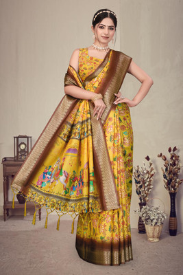 KB DESIGNER Printed, Floral Print, Woven Dharmavaram Cotton Silk Saree(Yellow)