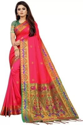 Manokamna Woven Paithani Silk Blend Saree(Pink)