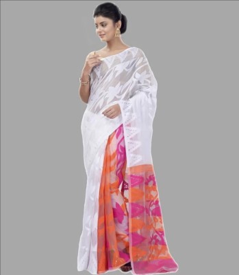 ASIMA TEXTILE Woven, Floral Print Jamdani Cotton Silk, Cotton Blend Saree(White, Orange)