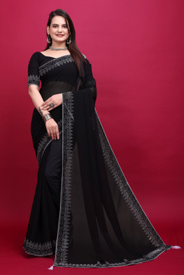 SHELDROM MART Solid/Plain Bollywood Georgette Saree(Dark Green)