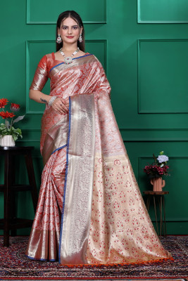 SHREE NATH CREATION Woven Dharmavaram Cotton Blend Saree(Orange, Gold)