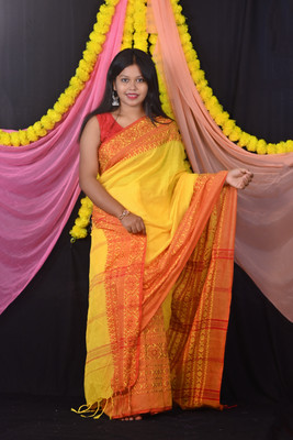 Ahana Textile Solid/Plain Handloom Cotton Blend Saree(Yellow)