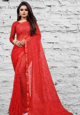 NORAFLEX Embroidered Bollywood Net Saree(Red)