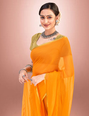 JiproStore Solid/Plain Bollywood Lycra Blend Saree(Mustard)