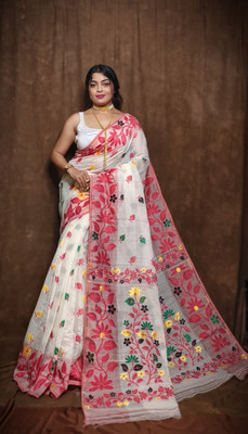 Rnn Saree Embroidered Jamdani Cotton Silk Saree(White, Multicolor)