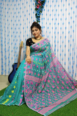 Suliful soft dakhai Woven Jamdani Cotton Silk Saree(White)