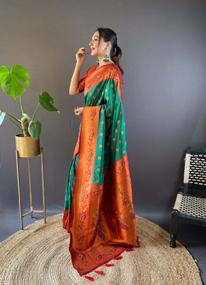 all about you Woven Paithani Silk Blend Saree(Green)
