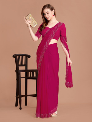 Georgette Saree Dyed, Embellished, Floral Print, Self Design, Temple Border, Woven Bollywood Georgette Saree(Pink)